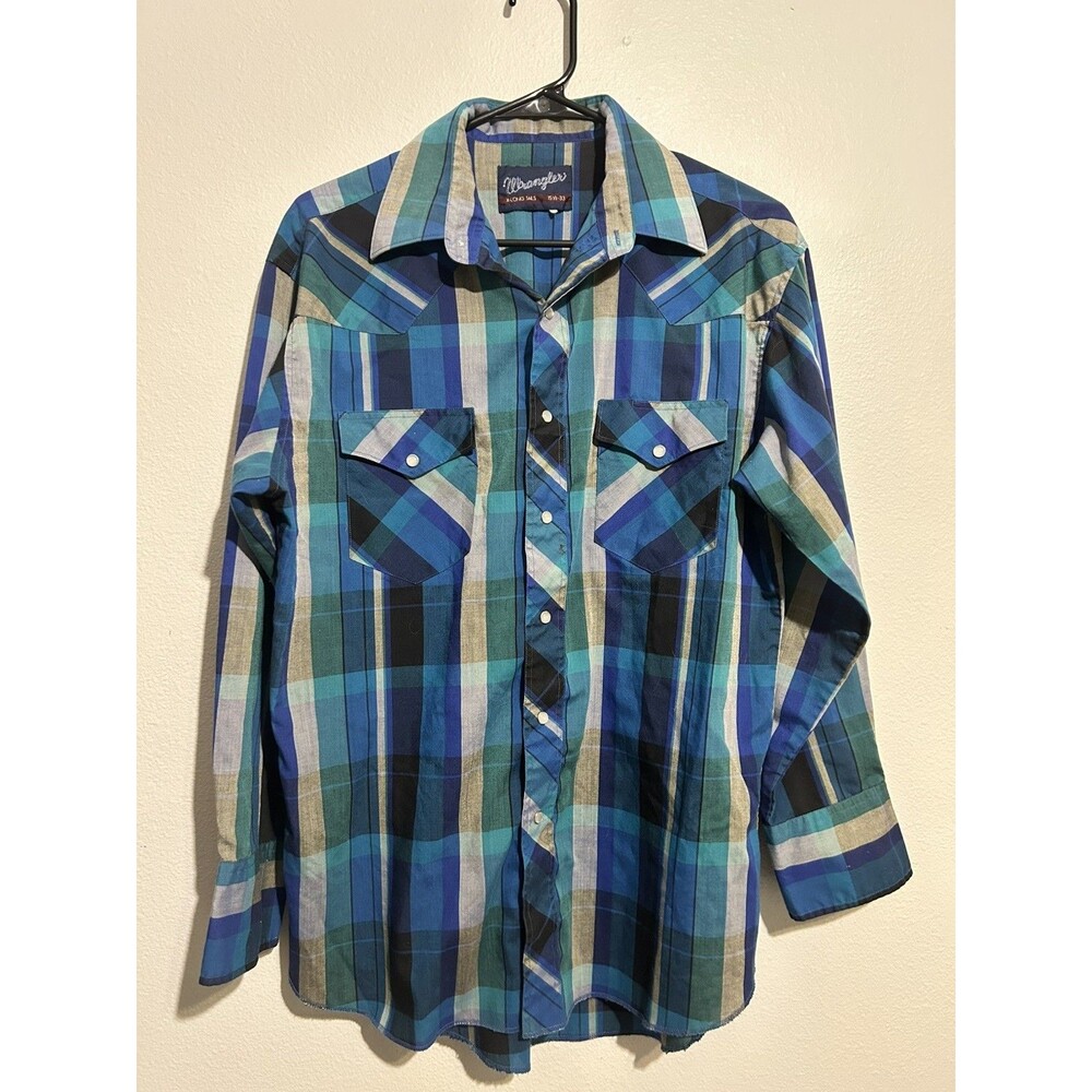Vintage Wrangler X-Long Tails Blue Button Up - Size 15 1/2-33